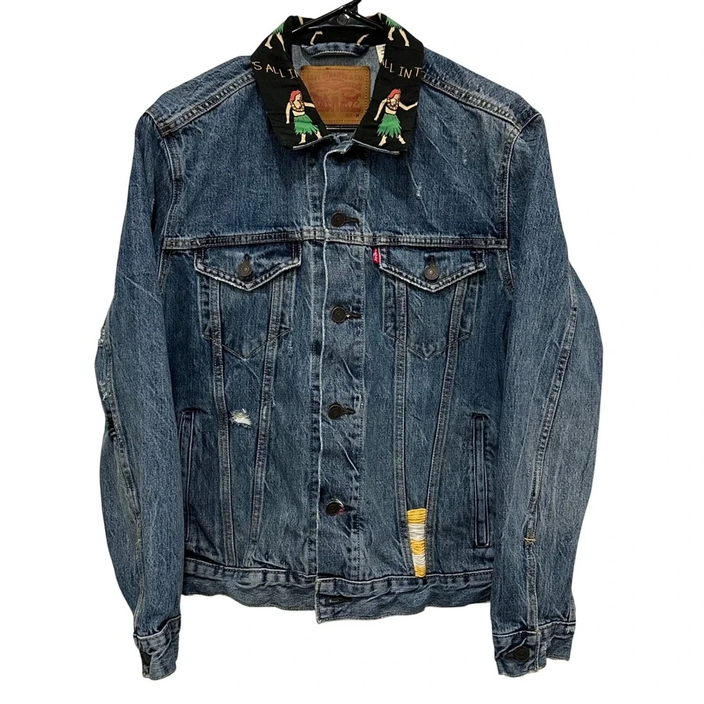 Levi‎ Strauss Co Mens Denim Trucker Jacket Hawaiian Hula Dancer Collar Size M